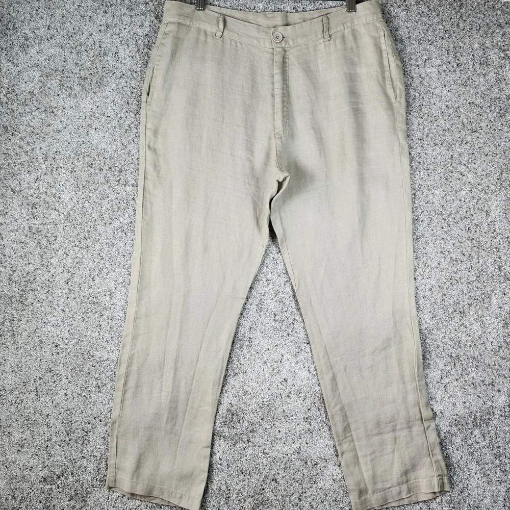 Mariyaab Linen Trousers Mens 38x30 Beige Straight Leg 100% Linen Excellent